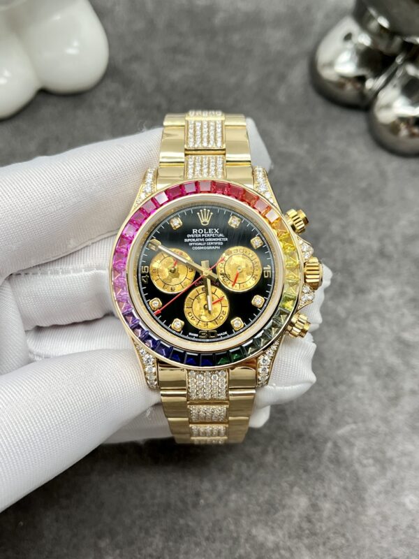 Rolex Daytona 18K Yellow Gold Black Dial Rainbow Diamonds 116598RBOW