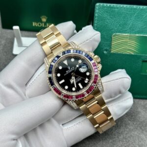 Rolex GMT Master 2 18k Yellow Gold Blue Sapphire And Ruby Bezel Black Dial