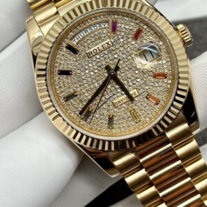 Rolex Day-Date 36 Yellow Gold Diamond Paved Rainbow Colored Sapphires Dial & Fluted Bezel