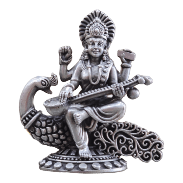 Saraswati Mata On Peacock 925 Pure Silver Idol